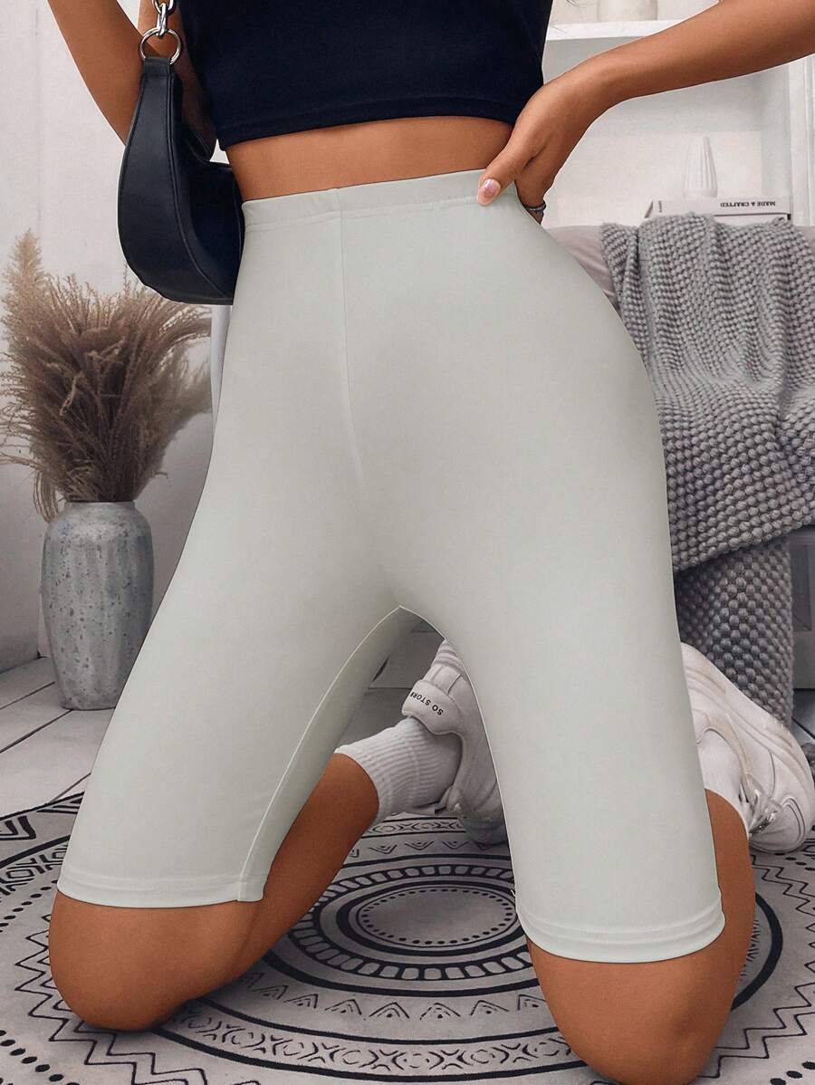 SHEIN ChicEase Chất rắn Quần short đi xe - Màu Xám nhạt - Xem 1