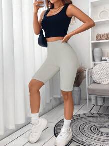 SHEIN ChicEase Chất rắn Quần short đi xe - Màu Xám nhạt - Xem 4