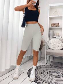 SHEIN ChicEase Chất rắn Quần short đi xe - Màu Xám nhạt - Xem 5