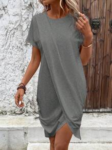 SHEIN LUNE 素色鬱金香下擺T恤洋裝 - 灰色 - 查看 1