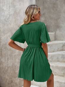 SHEIN LUNE 素色交疊領繫腰帶洋裝 - 綠色 - 查看 2
