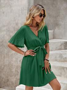 SHEIN LUNE 素色交疊領繫腰帶洋裝 - 綠色 - 查看 3