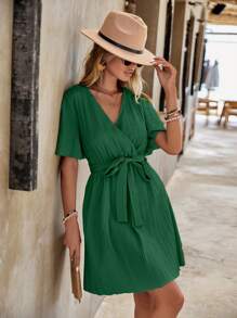 SHEIN LUNE 素色交疊領繫腰帶洋裝 - 綠色 - 查看 6