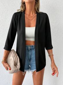 EURMUSE Solid Open Front Coat - Black - View 1