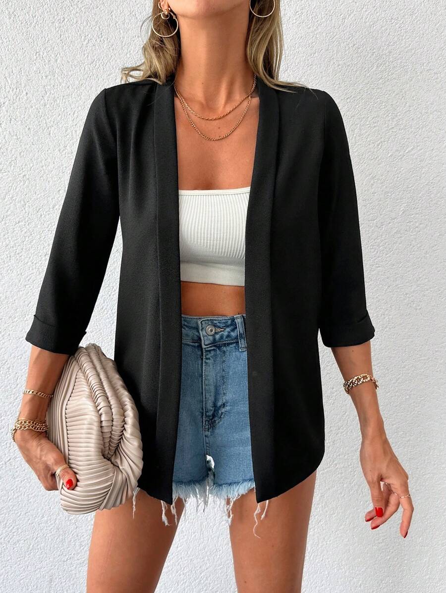 EURMUSE Solid Open Front Coat - Black - View 1