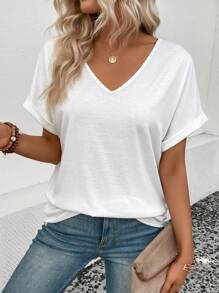 Calvaya Solid Batwing Sleeve V Neck Tee - White - View 3