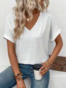 Calvaya Solid Batwing Sleeve V Neck Tee - White - View 4