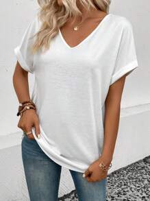 Calvaya Solid Batwing Sleeve V Neck Tee - White - View 5