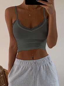 DAZY Contrast Lace Crop Cami Top - Dark Grey - View 1