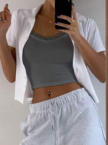DAZY Contrast Lace Crop Cami Top - Dark Grey - View 2