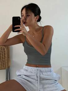 DAZY Contrast Lace Crop Cami Top - Dark Grey - View 3