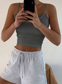 DAZY Contrast Lace Crop Cami Top - Dark Grey - View 4