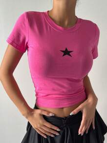 DAZY Camiseta corta con estampado de estrellas Y2K - Rosa Fucsia - Ver 1