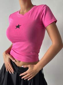 DAZY Camiseta corta con estampado de estrellas Y2K - Rosa Fucsia - Ver 3