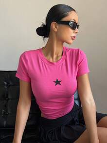 DAZY Camiseta corta con estampado de estrellas Y2K - Rosa Fucsia - Ver 4