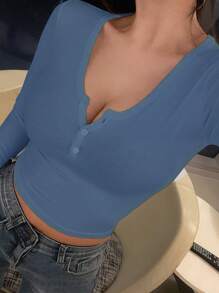 Áo thun crop top tay dài cài nút phía trước cho nữ - Màu xanh bụi bặm - Xem 3