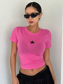 DAZY Camiseta corta con estampado de estrellas Y2K - Rosa Fucsia - Ver 7