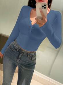 Áo thun crop top tay dài cài nút phía trước cho nữ - Màu xanh bụi bặm - Xem 4