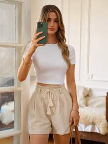 SHEIN Frenchy 流蘇系帶紙袋腰附腰帶短褲 - 卡其色 - 查看 2
