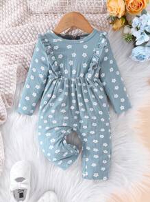 SHEIN Vintaside Kids Baby Girl Floral Print Ruffle Trim Jumpsuit - Blue - View 1