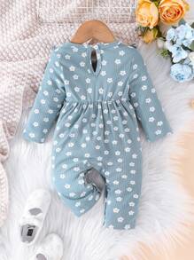 SHEIN Vintaside Kids Baby Girl Floral Print Ruffle Trim Jumpsuit - Blue - View 2