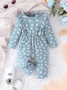 SHEIN Vintaside Kids Baby Girl Floral Print Ruffle Trim Jumpsuit - Blue - View 3
