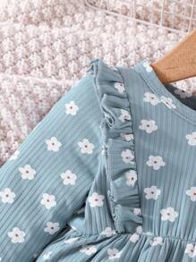 SHEIN Vintaside Kids Baby Girl Floral Print Ruffle Trim Jumpsuit - Blue - View 5