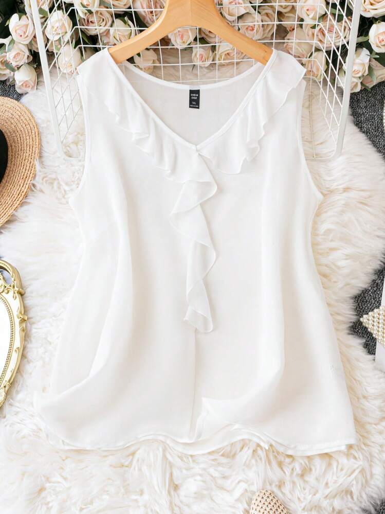 SHEIN Unity Plus Ruffle Trim Solid Sleeveless Blouse - White - View 1