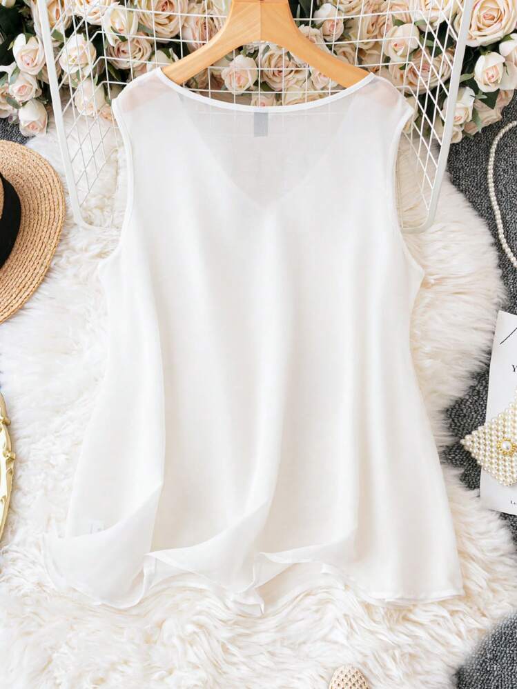 SHEIN Unity Plus Ruffle Trim Solid Sleeveless Blouse - White - View 2