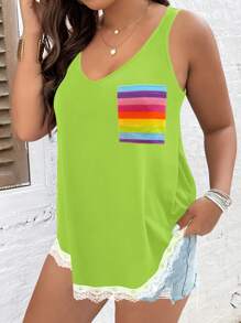 SHEIN LUNE 大碼彩虹條紋蕾絲拼接背心上衣 - 綠色 - 查看 1