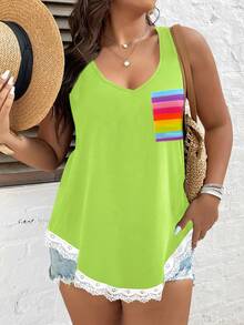 SHEIN LUNE 大碼彩虹條紋蕾絲拼接背心上衣 - 綠色 - 查看 3