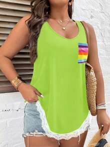 SHEIN LUNE 大碼彩虹條紋蕾絲拼接背心上衣 - 綠色 - 查看 4