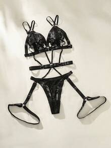 Set de lencería con encaje floral con abertura con liga - Negro - Ver 2