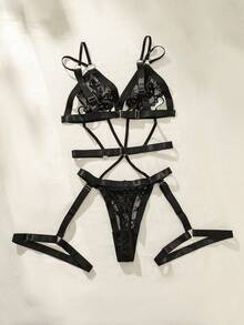 Set de lencería con encaje floral con abertura con liga - Negro - Ver 4