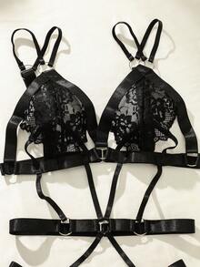 Set de lencería con encaje floral con abertura con liga - Negro - Ver 5