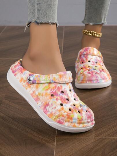 Women Hollow Out Tie Dye Vented Clogs, Fashionable Summer EVA Clogs