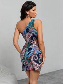 GENKIRA Paisley Print One Shoulder Cut Out Waist Dress - Navy Blue - View 2