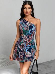GENKIRA Paisley Print One Shoulder Cut Out Waist Dress - Navy Blue - View 3