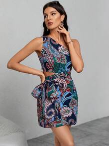 GENKIRA Paisley Print One Shoulder Cut Out Waist Dress - Navy Blue - View 5