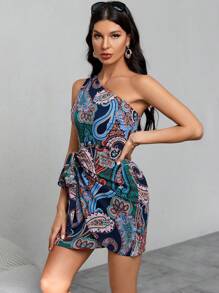 GENKIRA Paisley Print One Shoulder Cut Out Waist Dress - Navy Blue - View 6