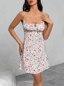 SHEIN VCAY Ditsy Floral Print Ruched Bust Cami Dress - Orange - View 4