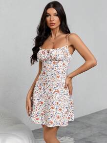 SHEIN VCAY Ditsy Floral Print Ruched Bust Cami Dress - Orange - View 1