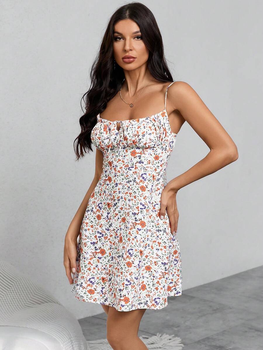 SHEIN VCAY Ditsy Floral Print Ruched Bust Cami Dress - Orange - View 1