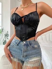 前繫帶胸部褶皺無鋼圈內衣 - 黑色 - 查看 3