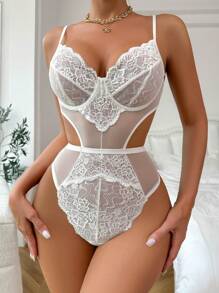Floral Lace Cut Out Teddy Bodysuit - White - View 3