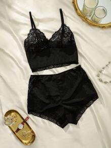 Set de lencería con encaje en contraste - Negro - Ver 1
