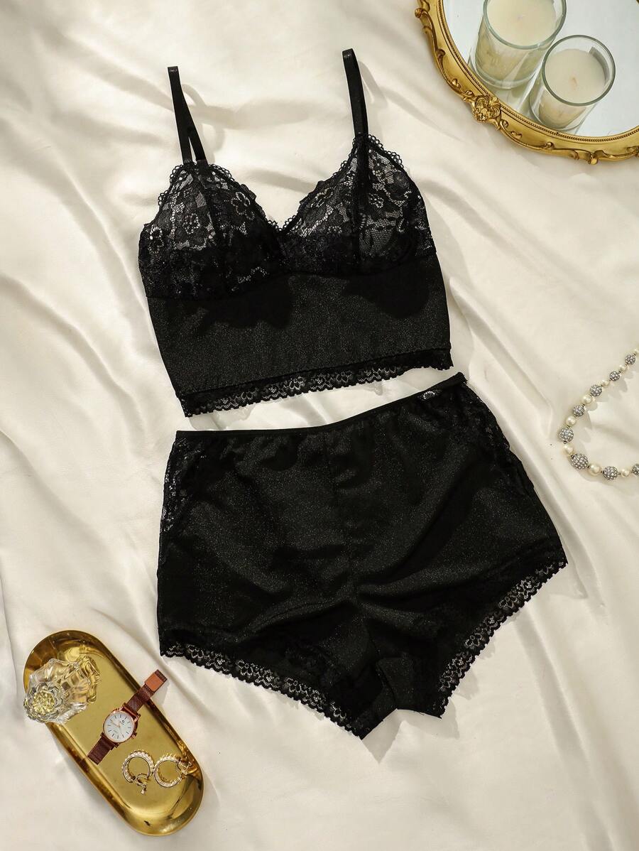 Set de lencería con encaje en contraste - Negro - Ver 1