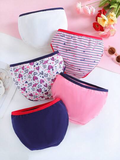 Tween Girl 5pcs Striped & Floral Print Contrast Binding Brief