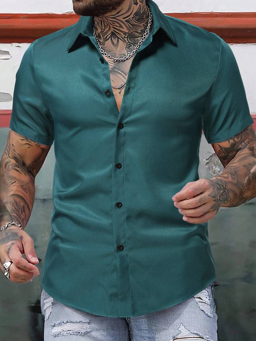 Manfinity Homme 男士素色前排扣襯衫 - 墨綠色 - 查看 1