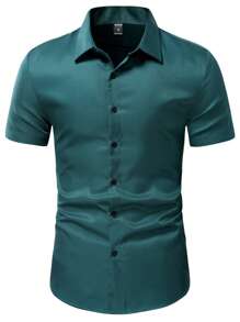 Manfinity Homme 男士素色前排扣襯衫 - 墨綠色 - 查看 5